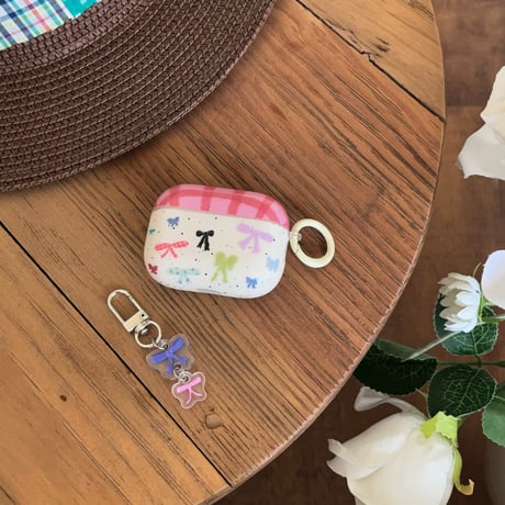 リボン Airpods 4ケース チェック柄 Airpods3/Pro2ケース airpodsproカバー リボンキーホルダー/リング付 [M5101]