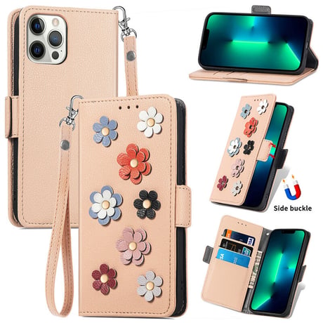 手帳型 iphone14pro/13miniケース 立体花 カード入れ3個 iphone12mini/11promaxカバー お札入れ1個 ストラップ付 可愛い レザー[M2184]
