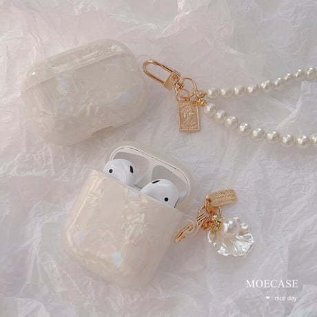 貝殻模様 airpods3ケース オシャレ 真珠ストラップ/小物付 airpodsproカバー  艶カラー 可愛い ガールズに人気M1305