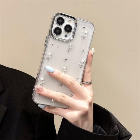 薔薇付 iPhone15/15プロ/15プラスケース クリア iPhone14promax/13pro/12ケース ラメ入り 女子力アップ[M4500]