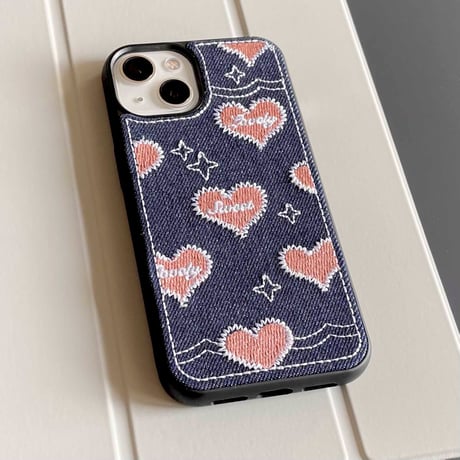 デニム 刺繡 ピンクハート柄 iphone14plus/14proケース  可愛すぎ  iphone13/12/11カバー  高品質  高級感 プレゼントにおすすめ [M2247]