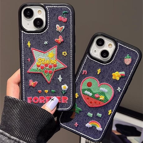 刺繡入りデニム iPhone14/15proケース  花柄ハート/星 iPhone13/12proカバー 女子力アップ[M3501]