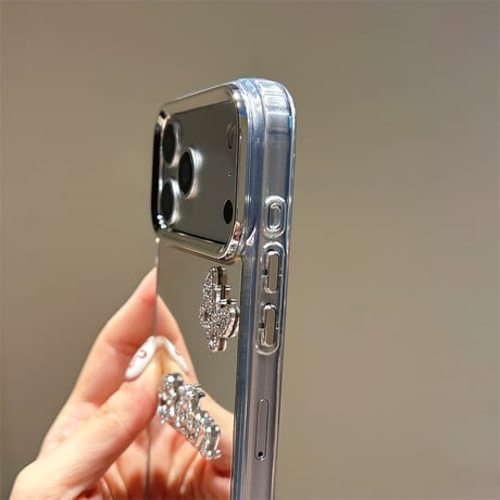 Queen ミラー iPhone17Pro/17ケース ジュエリー蝶デコ iPhone17ProMax/16Pro/15カバー オシャレ メイク直しに便利  [M5826]