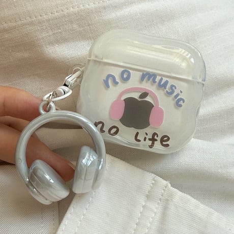 no music no life Airpods Pro3/4ケース ヘッドホンキーホルダー付 AirpodsPro2/Pro1カバー  エアポッズ3/2  かっこいい ギフトに最適 [M6420]