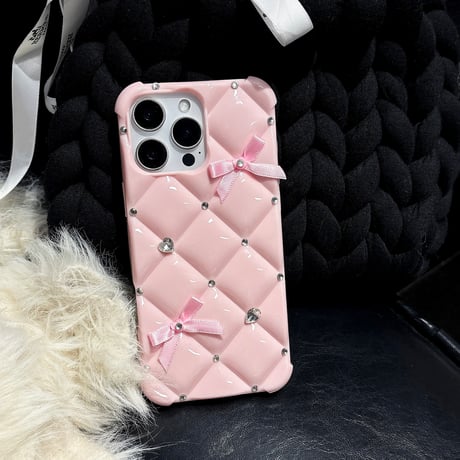 ダイヤデコ 菱形 iPhone16Pro/16ケース シック iPhone15Pro/14Pro/13ケース 大人可愛い リボン付 四角耐衝撃[M5176]