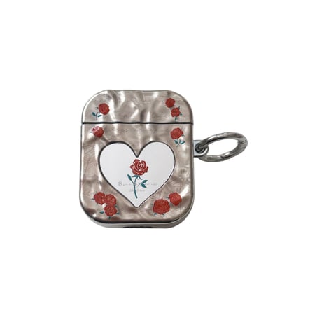 Airpods 4ケース ハート鏡 薔薇柄 Airpods3/Pro2ケース airpodspro2カバー シルバー 女子力高い リング付[M5211]