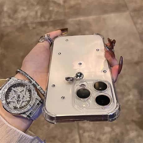 ダイヤリボン iPhone16/16Proケース 四角耐衝撃 iPhone15/14/13/12Proクリアカバー シンプル ハンドメイド ガーリーファッション [M5045]