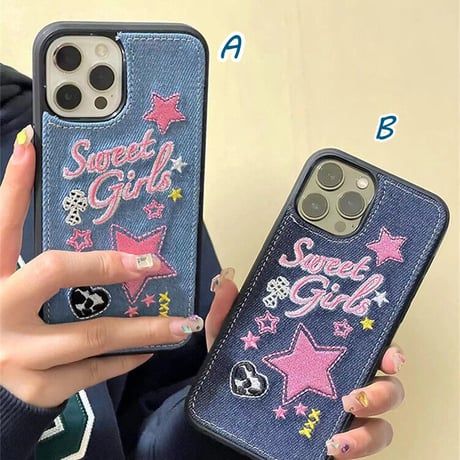 刺繡入り sweet girl iphone14/14promaxケース デニム お揃いアイフォン13/12/11カバー 星 可愛いプレゼントにおすすめ[M2251]