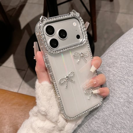 ジュエリーライン iPhone17/17Proケース 猫耳付 リボンデコ iPhone16Pro/15pro/14ProMaxケース 光る カメラ保護[M6380]