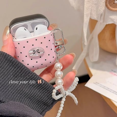 Airpods 4ケース 水玉模様 パールリボンキーチェーン Airpods3/Pro2ケース airpodspro2カバー ピンク 女子力高い 大人可愛い[M5215]