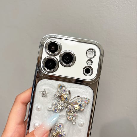 ダイヤ蝶 iPhone17Pro/17ケース パール iPhone16/15Pro/14ケース 豪華 オシャレ キラキラ感 [M6294]