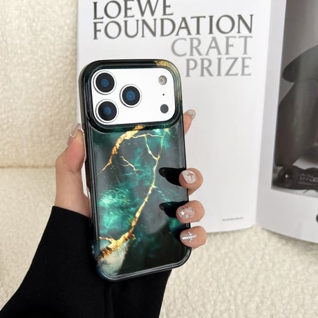 大理石調 iphone17Pro/17promaxケース  グリーン アイフォン17/16promax/15proカバー おしゃれさんにおすすめ[M5797]