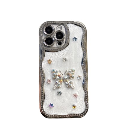 ジュエリー iphone16/16proケース  うねうね枠 ダイヤ蝶 iphone15pro/14/13proケース 高級感 女子力高い [M5031]