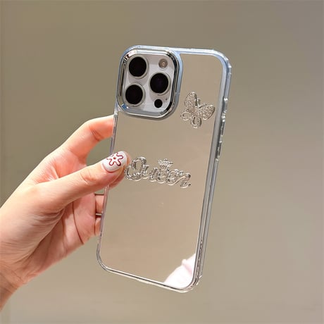Queen ミラー iPhone17Pro/17ケース ジュエリー蝶デコ iPhone17ProMax/16Pro/15カバー オシャレ メイク直しに便利  [M5826]