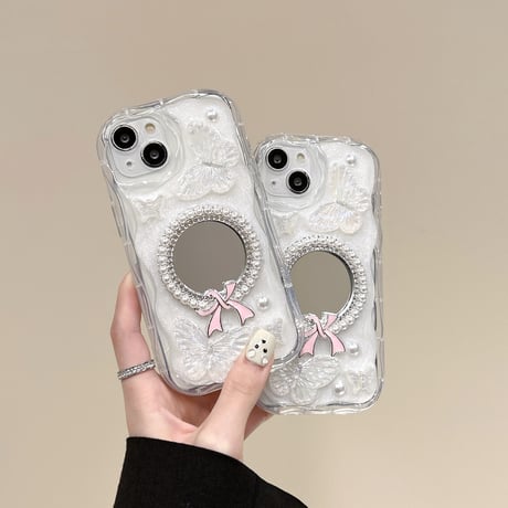 女子力アップ アイフォン15プロ/15カバー 鏡付 蝶クリアiPhone14Pro/13/12ケース お洒落 [M4303]