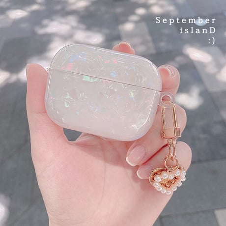 貝殻模様 airpods3ケース オシャレ 真珠ストラップ/小物付 airpodsproカバー  艶カラー 可愛い ガールズに人気M1305
