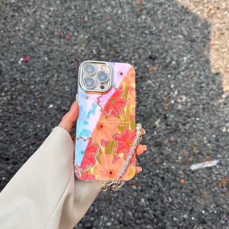 光る花柄 iPhone15/15proケース パールストラップ付 iPhone14pro/13promax/12ケース 可愛い 春夏コーデ[M4111]