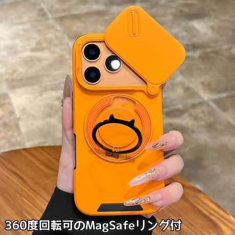 スライド式カメラ保護カバー付 iPhone17Pro/17promaxケース MagSafe対応 iPhone17/16Proカバー 360度回転可スタンドリング カッコイイ[M5798]
