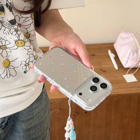 カラーハート柄 iPhone17pro/17カバー ミラー iPhone16/15pro/14ケース 可愛いストラップ 春夏向け[M6221]