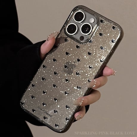 ブラックハート柄 iPhone16pro/16カバー キラキララメ iPhone15promax/14/13ケース 透明 シック おしゃれ [M5463]