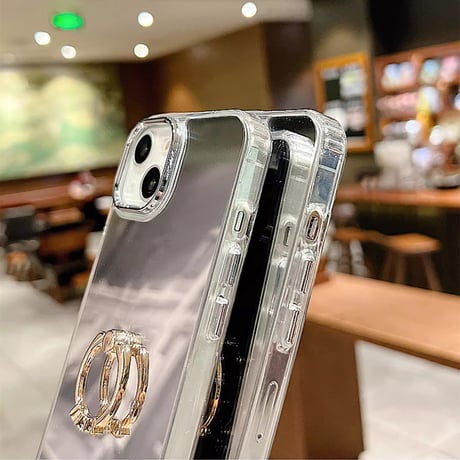 リング付ミラーiPhone16/16Pro/15Proケース 丈夫 iPhone14Pro/13/12カバー 高級感 高機能 便利 [M3918]