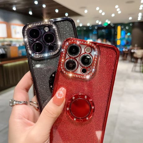 ジュエリー リング付きアイフォン14プロカバー ラメ入りシール付 iphone13pro/12/11proケース キラキラ オシャレ 実用 ガールズに超人気 [M2577]