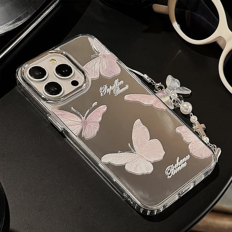 蝶柄鏡 iPhone15/15proケース チョウアクセサリー付 iPhone14/13pro/12ケース かわいい 便利 頑丈[M4154]