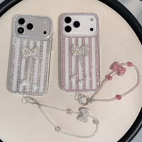 ジュエリー iPhone17Pro/17ケース フリンジダイヤリボン iPhone16Pro/15/14ース 豪華 リボンストラップ付[M6521]
