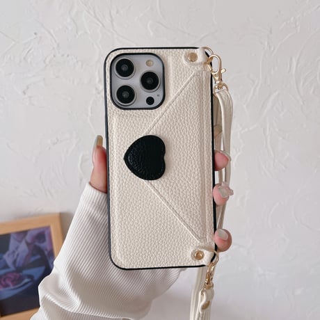 交通カード入れ iPhone15/14ケース ハート型留め レザー製 iPhone13pro/12/11proケース 肩掛けストラップ付 シック エレガント[M3346]