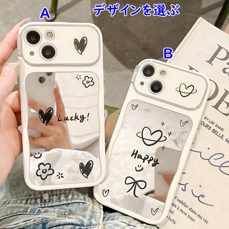 韓国風 鏡付iPhone15/15プロカバー Lucky/Happy iPhone14pro/13/12ケース お揃い 便利 [M4364]