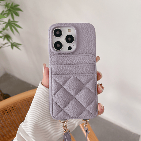 交通カード収納 iPhone15/14proケース キルティングレザー iPhone13pro/12/11proケース 肩掛けストラップ付  エレガント セレブ愛用[M3376]