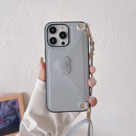 交通カード入れ iPhone15/14ケース ハート型留め レザー製 iPhone13pro/12/11proケース 肩掛けストラップ付 シック エレガント[M3346]