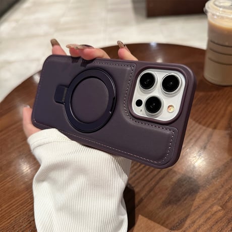 レザー MsgSafeリング iPhone15Pro/15ProMaxケース スタンド 耐衝撃 iPhone14Pro/13/12カバー 多機能便利[M3868]