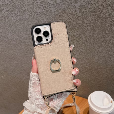 カード入れ3個 iPhone14/15proケース 高級感レザーアイフォン13/12/11proカバー リング セ長さ調整可ストラップ付 [M2861]