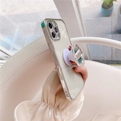 ミラーポップソケット付 iphone12/11ケース  スタンド 透明iphoneXS/SE2カバー  軽量持ちやすい ツヤ感ありファッションM418