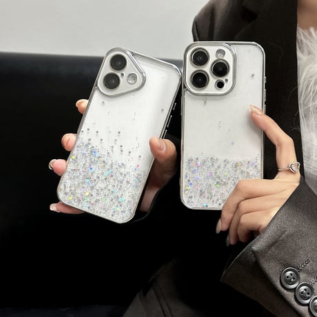 カメラ保護 iPhone16/16Proケース キラキラグリッター iPhone15/14/13/12Proカバー 透明 丈夫 女子力高い [M5000]