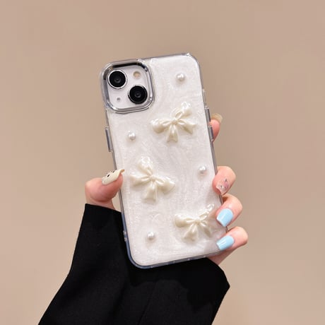 リボン/ハートデコ iPhone15pro/15ケース ホワイト iphone14/13pro/12proカバー  女子力アップ 高級感[M4353]