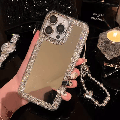 ジュエリー 鏡 iPhone15/15proケース ハンドメイド iPhone14pro/13/12カバー リボン/ハートストラップ付 豪華 M4152]