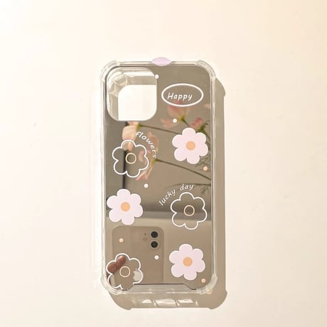 花柄鏡付 iPhone15/15proケース かわいい 丈夫 iPhone14/13mini/12/11カバー 便利 女子力UP [M3993]