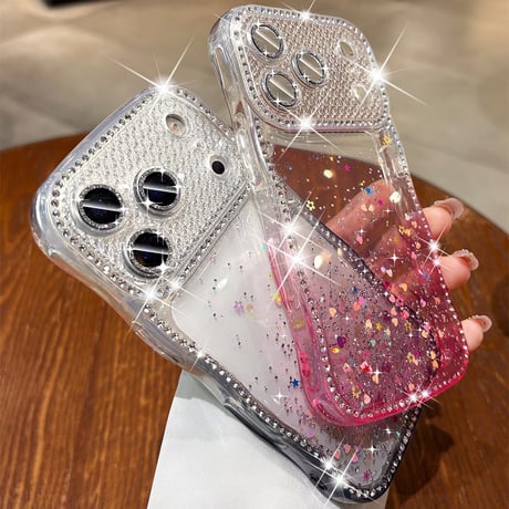 うねうねジュエリーライン iPhone17Pro/17ケース キラキララメ iPhone16/15/14ケース グラデーションカラー レンズ保護[M6364]