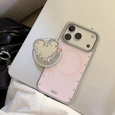 ハート型ミラーグリップ iPhone17Pro/17ケース  ワイヤレス充電 ピンク iPhone17ProMax/16Pro/15カバー かわいい 女子力アップ [M6355]