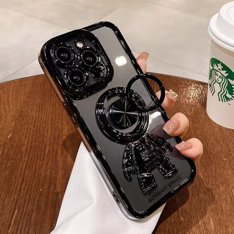 宇宙飛行士リング付 iPhone15/14proケース メッキクリアアイフォン13/12/11proカバー スタンド 便利 艶あり セレブ愛用 [M2637]