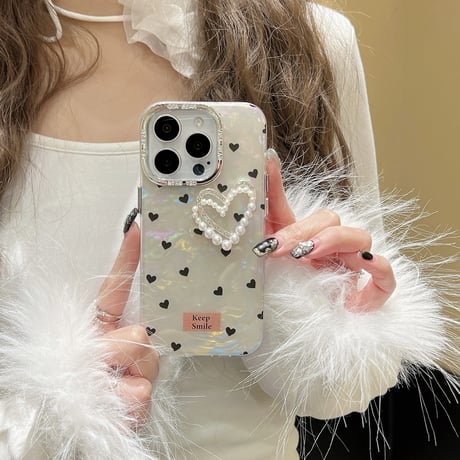 パールハート iPhone15/15proカバー シェル風 iPhone14pro/13pro/12proケース かわいい キラキラ 女子 ギフトに最適[M4079]
