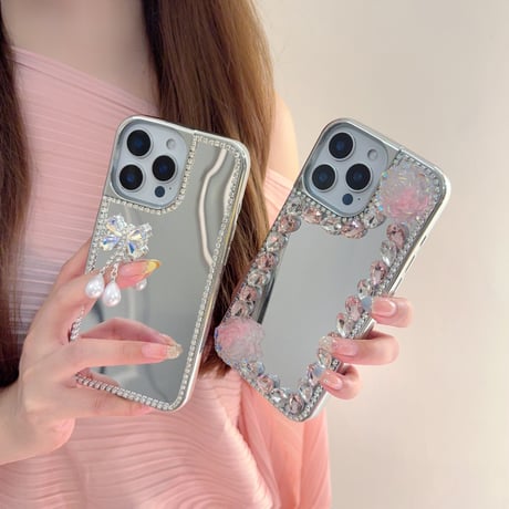 ミラー iPhone16e/16proケース 蝶/花デコ ダイヤ/パール iPhone15promax/14/13カバー おしゃれ シック 女子力高い [M5281]