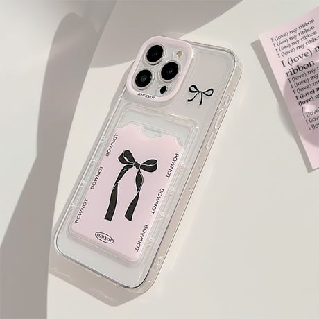 カード収納 iPhoneケース リボン柄 アイフォン15pro/14promax/13/12/SEカバー 便利 持ち運びやすい [M4470]