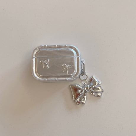 リボン Airpods 4ケース キーチェーン付 AirpodsPro2/Pro1 Airpods3/2カバー シルバー高級感 耐久性ある[M4797]