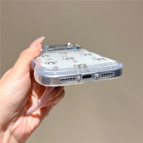メタルリボン iPhone17/17Proケース うねうねライン ジュエリー iPhone16Pro/15/14ケース 透明 甘め [M6404]