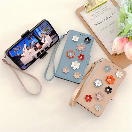 手帳型 iphone14pro/13miniケース 立体花 カード入れ3個 iphone12mini/11promaxカバー お札入れ1個 ストラップ付 可愛い レザー[M2184]