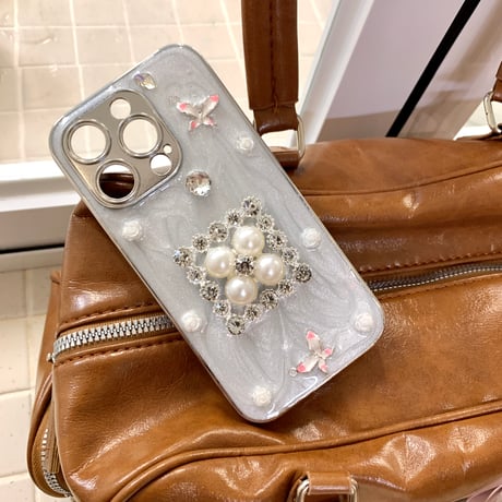パール/ダイヤデコ iPhone16/17proケース きれいストラップ アイフォン15プロ/14promaxカバー 高級感 [M5602]