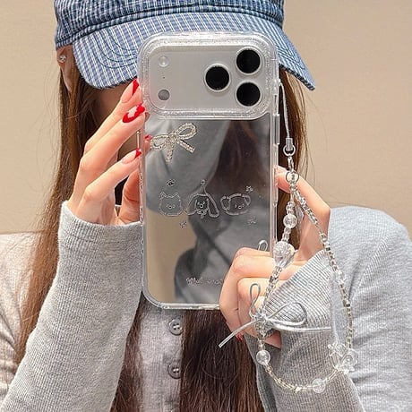 犬ちゃんミラー iPhone17pro/17ケース ジュエリーリボンデコ iPhone16/15proケース 可愛いストラップ 女子力高い[M6087]